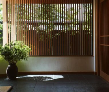 Sunlit wooden foyer with vase and garden view at Sui Suwako Nagano