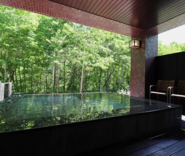 Covered stone onsen bath with wooden deck, seating, and forest beyond at Suigan ryokan in Hokkaidō