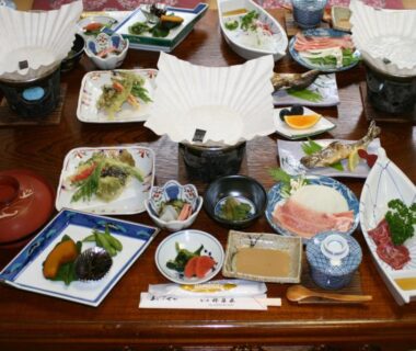 Assorted Japanese dishes arranged on a low dining table at Suisensou, Gifu, Chūbu