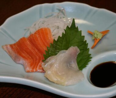 Sashimi slices with shiso leaf and soy sauce at Suisensou, Gifu, Chūbu Japan