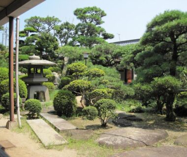 Courtyard garden with stone lantern and pruned pines at Suminoe Ryokan, Hiroshima