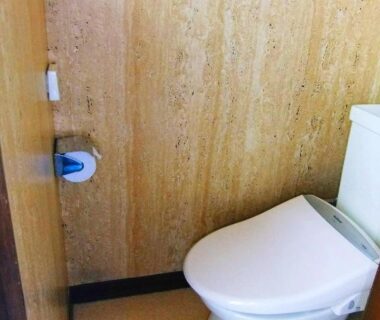 Small wood-paneled restroom with Western-style toilet at Sumiyoshi Ryokan in Gifu, Chūbu