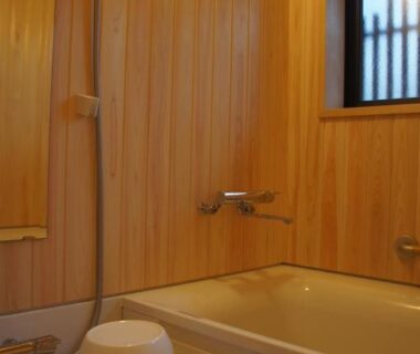 Compact Japanese bathroom with bathtub, handheld shower, wooden walls and plastic washing stool at Sumiyoshiya in Ishikawa