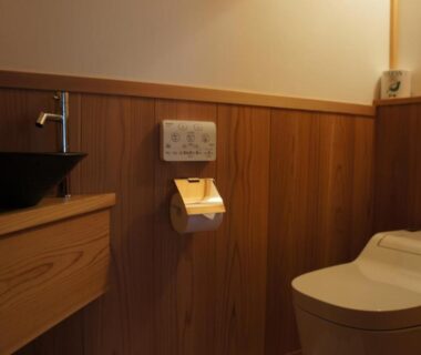 Modern toilet and compact sink with wooden paneling, Sumiyoshiya ryokan, Ishikawa Chūbu