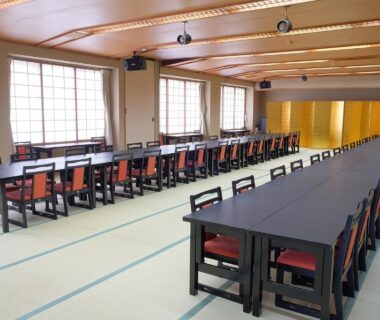 Long tatami dining hall with shoji windows, Sunrise Katsuura, Wakayama, Kansai