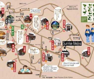 Illustrated map of local attractions around Sunrise Meiji-ya in Nagano with walking directions and icons