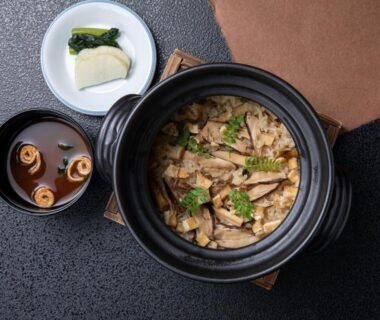 Clay pot rice with mushrooms, pickles and clear soup at Suwa Grand Shrine Kameya Inn, Nagano