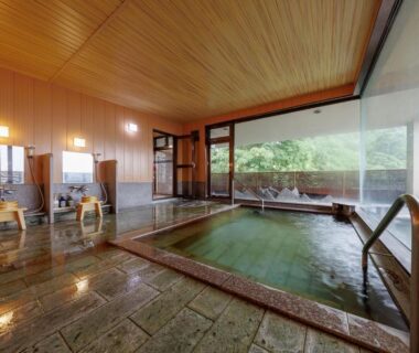 Indoor onsen bath with wooden ceiling, stone floor, washing stools and garden view at Suwa Grand Shrine Kameya Inn, Nagano
