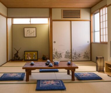 Tatami room with low table, cushions and shoji screens at Suzukisou in Kyoto