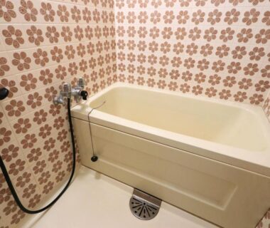 Small bathtub with floral-tiled walls and handheld shower, Suzunami Ryokan, Mie, Kansai Japan
