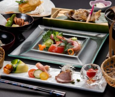 Assorted traditional dishes with sashimi and small plates at Suzuranso, Nagano, Chūbu