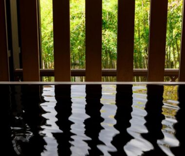 Reflective onsen water framed by vertical wooden screens and garden at TAKITEI Riverside Onsen, Kanazawa Ishikawa