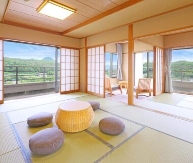 Bright tatami room with low table and balcony at TAOYA Akiu, Miyagi Tōhoku Japan