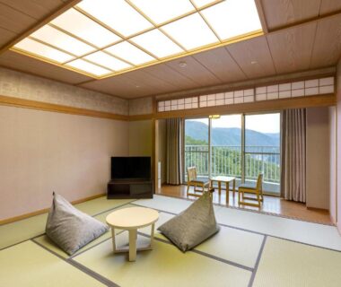Traditional tatami room with low table, cushions and balcony overlooking mountains at TAOYA Gero, Gifu, Japan