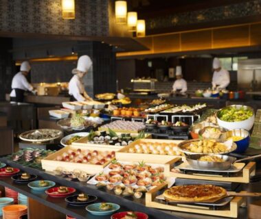 Ryokan buffet with chefs preparing assorted dishes in dining area at TAOYA Nachikatsuura Wakayama