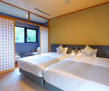 Twin beds in tatami-style room at TAOYA Nasu Shiobara in Tochigi, Kantō, Japan