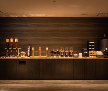 Self-service drink counter with dispensers at TAOYA Shirahama Senjyo, Wakayama, Kansai