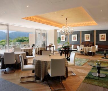 Bright dining lounge with chandelier, seating and mountain views at THE HIRAMATSU SENGOKUHARA HAKONE, Kanagawa