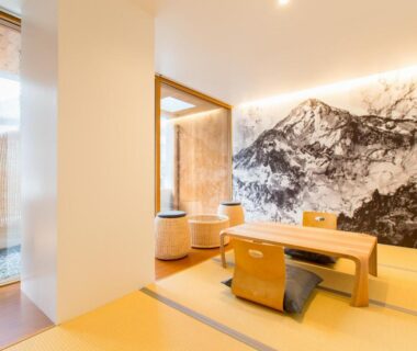 Tatami seating area with low table and cushions at TSUCHIYA Kinosaki onsen, Hyōgo, Kansai