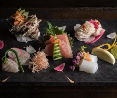 Assorted sashimi on slate at TSUCHIYA Kinosaki onsen, Hyōgo, Kansai