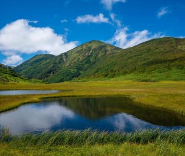 Reflective mountain pond with grassy marsh and distant green peaks near Tabataya in Niigata, Chūbu region