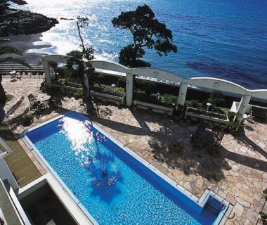 Outdoor pool and terrace overlooking the sea at Tabinoyado Ushionoakari Geiboso, Mie, Kansai, Japan