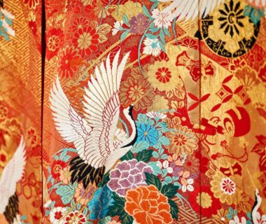 Ornate red and gold crane kimono brocade at Tabist Chikuba Shinyotei, Hakodate, Hokkaidō