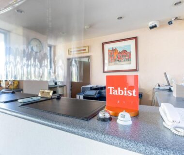 Reception counter with Tabist sign, bell and telephone at Tabist Daibou Ichihara Mens Only Chiba