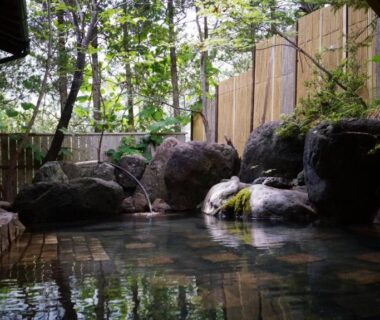 Rock-lined outdoor onsen bath with wooden fence and trees at Tabist Kazeyuki, Gifu