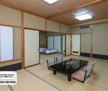 Tatami room with low table and folded futon, Tabist Koboshi no Yu Senshintei Aizu Yunokamionsen, Fukushima Tōhoku