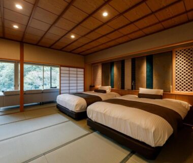 Tatami room with twin beds, shoji screens and garden view at Tachibana Shikitei, Ishikawa, Japan