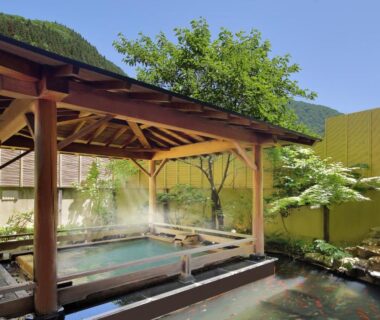 Wooden covered outdoor onsen bath with garden and steam at Tachibanaya, Yamagata