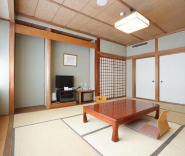 Traditional tatami room with low table, shoji screens and television at Taiheikan, Yamanashi, Chūbu, Japan