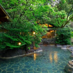 Stone-lined outdoor onsen surrounded by lush greenery and wooden ryokan buildings at Taishoya in Saga, Kyushu