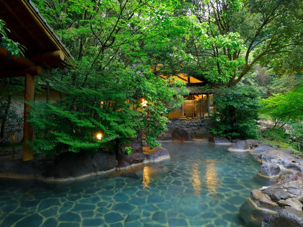 Stone garden onsen Taishoya Saga Stone-lined outdoor onsen surrounded by lush greenery and wooden ryokan buildings at Taishoya in Saga, Kyushu