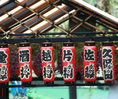 Row of red Japanese lanterns with kanji hanging beneath a wooden awning at a ryokan in Tokyo