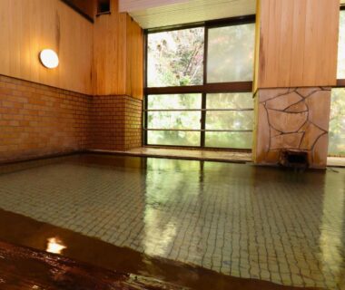 Tiled indoor onsen bath with wooden walls, stone spout and large windows revealing trees at Taiyokan in Gunma