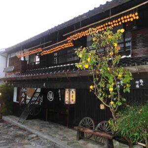 Two-story traditional wooden ryokan entrance with hanging lanterns, noren curtain and stone path in Gifu