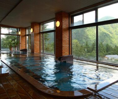 Spacious indoor onsen with floor-to-ceiling windows overlooking forested mountains at Takahan, Niigata