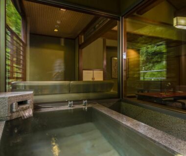 Stone indoor onsen with wooden interior and view into tatami room at Takamiya Ryokan Miyamaso Yamagata