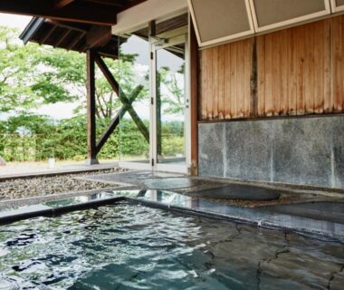 Roofed wooden onsen bath overlooking trees at Takamiya Ryokan Sagiya Sansorai Yamagata