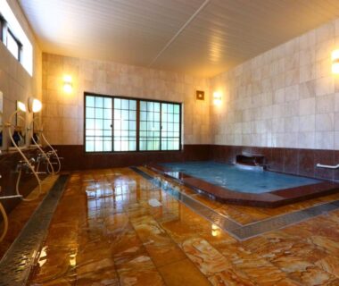 Communal tiled onsen bath with shower stations and shoji window at Takanoya, Niigata, Chubu, Japan
