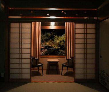 Tatami room with shoji screens, low table and garden view, Takao Kanko Hotel, Kyoto Kansai