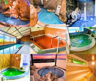 Collage of indoor rock and tiled onsen baths at Takasago Onsen Hokkaidō