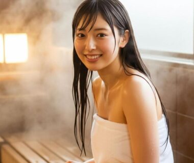 Guest wrapped in towel sitting in steamy wooden indoor onsen at Takasago Onsen Hokkaidō