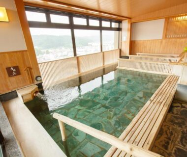 Wooden indoor onsen bath at Takayama Ouan, Chūbu, Gifu, Japan