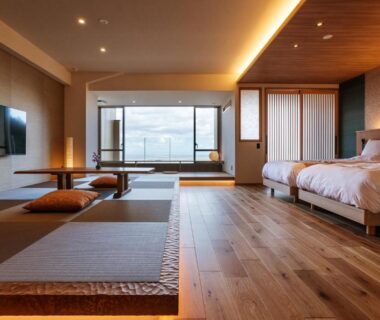 Sunlit tatami seating and beds at Takimotokan Yuki No Sato in Gifu, Chūbu, Japan