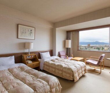 Twin room with two beds, seating area and large window overlooking Hokkaidō landscape at Takuboku Tei
