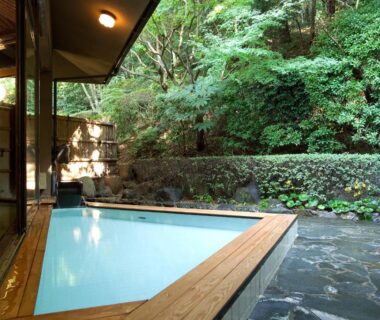 Onsen pool with wooden edge and stone terrace beside lush forest, adjacent to glass-walled ryokan building in Kumamoto