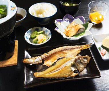 Grilled fish with rice and side dishes at Tango Onsen Hashiudosou Kyoto